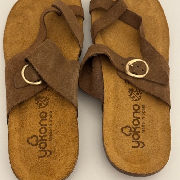 Yokono Brown Tan Suede Ibiza Slip On Toe Ring Buckle Cork Sole Sandals - Picture 2 of 5